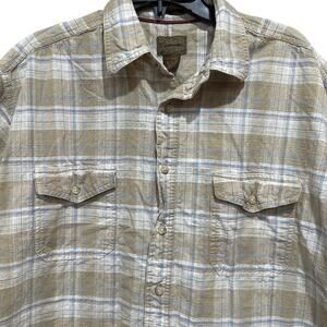St Johns Bay Button Up Shirt XL Brown Blue Plaid Short Sleeve Trekker Crosshatch